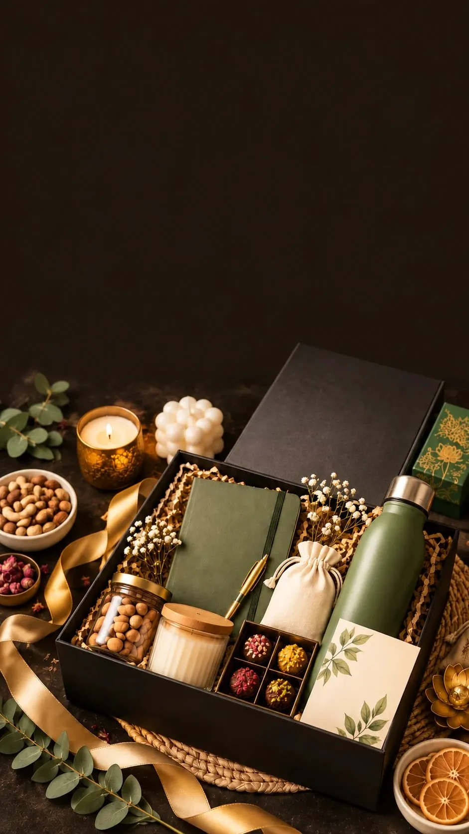 Black gift box with a green notebook, bottle and pouch printed with a sample logo, a candle, a jar of nuts and truffles