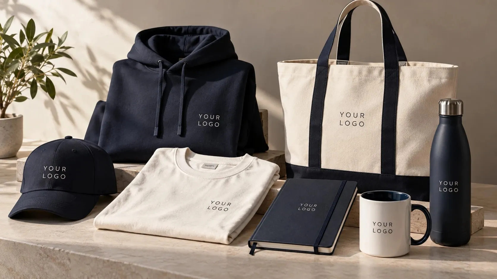 Navy and cream branded merchandise: a hoodie, cap, t-shirt, tote bag, notebook, mug and bottle, each showing a sample logo