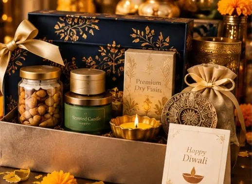 Festive hamper with a lit diya, a scented candle and dry fruits