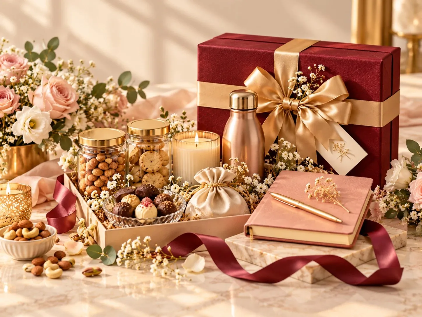 Burgundy and gold wedding gift box with chocolates, cookies, a candle and a journal among roses