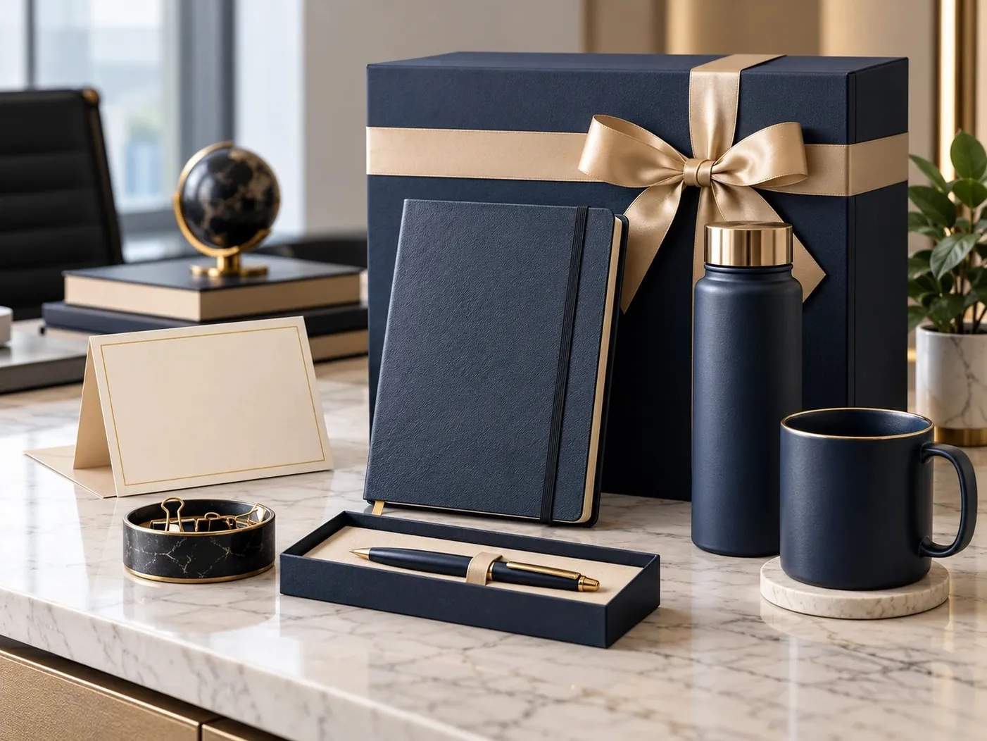 Navy and gold corporate gift set with a notebook, boxed pen, bottle, mug and note card on an office desk