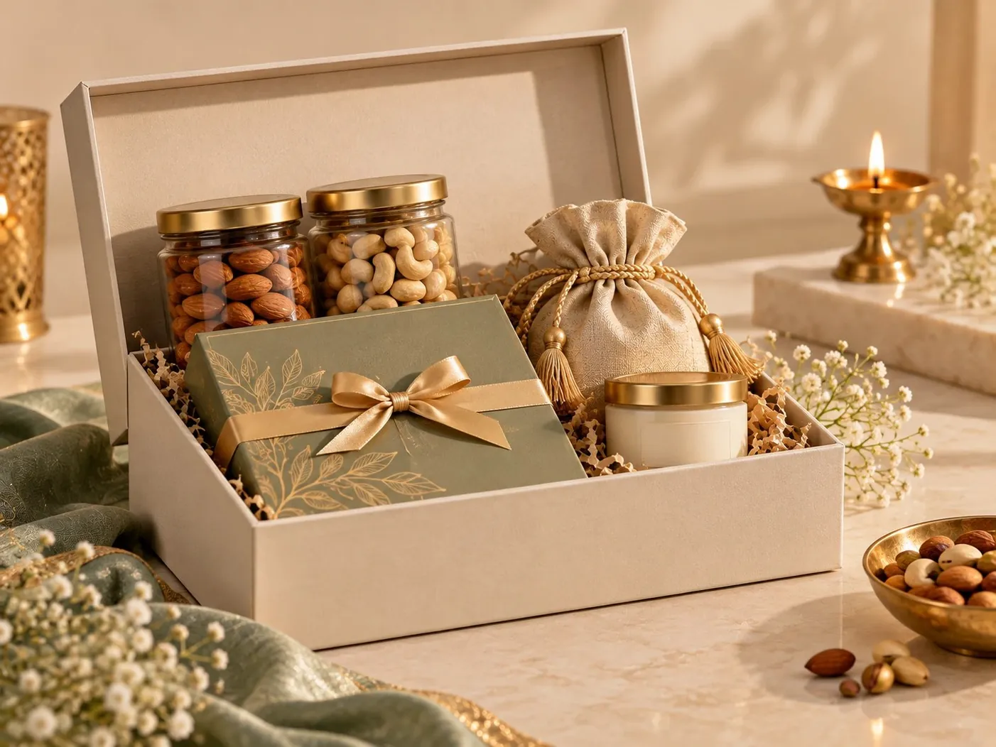 Festive gift box with jars of almonds and cashews, a sage green box, a potli and a candle beside a lit diya