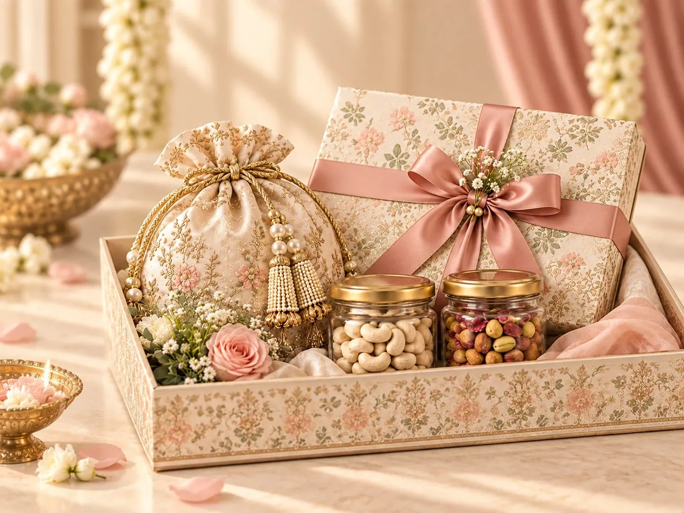 Blush floral wedding tray with an embroidered potli, a ribboned gift box and jars of cashews and dry fruits